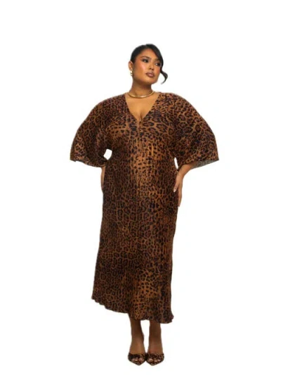 Fashion-szn Curve 3/4 Sleeve Leopard Print Midi Dress In Brown