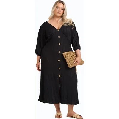 Fashion-szn Curve Balloon Sleeve Button Front Midi Dress In Black