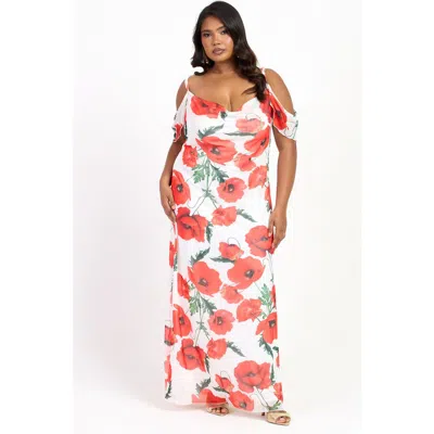 Fashion-szn Curve Cold Shoulder Poppy Print Strappy Dress In White