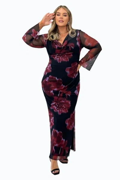 Fashion-szn Curve Cowl Neck Mesh Flare Sleeve Maxi Dress In Burgundy