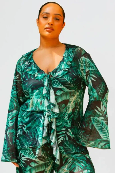 Fashion-szn Curve Curve Palm Print Ruffle Resort Top In Green