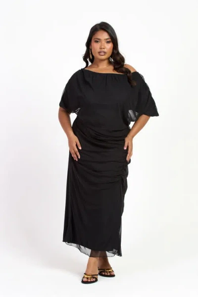 Fashion-szn Curve Drop Shoulder Ruched Mesh Midaxi Dress In Black
