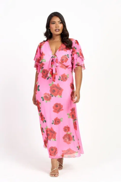Fashion-szn Curve Flutter Sleeve Tie Front Midi Dress In Pink