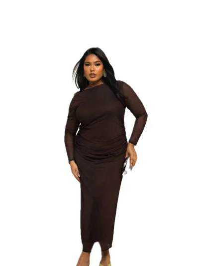 Fashion-szn Curve Long Sleeve Chocolate Mesh Midaxi Dress