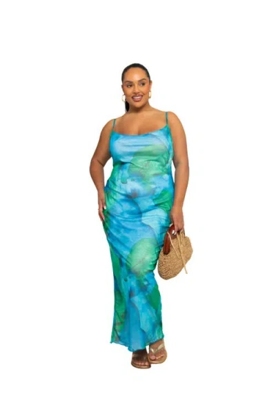 Fashion-szn Curve Mesh Sleeveless Scoop Neck Maxi Dress In Blue