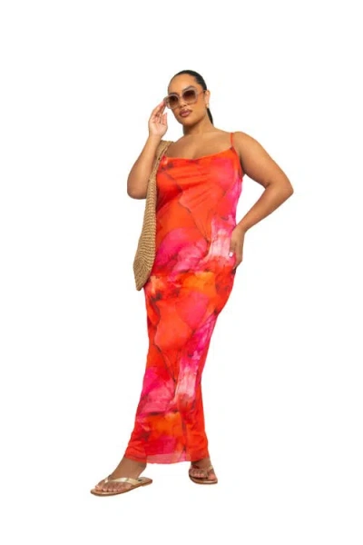 Fashion-szn Curve Mesh Sleeveless Scoop Neck Maxi Dress In Red