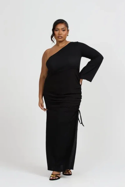Fashion-szn Curve One Shoulder Flare Sleeve Maxi Dress In Black
