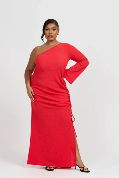 Fashion-szn Curve One Shoulder Flare Sleeve Maxi Dress In Red