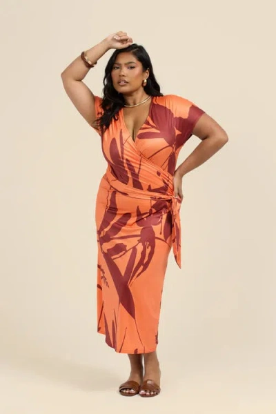 Fashion-szn Curve Plus Size Floral Wrap Jersey Midi Dress In Orange