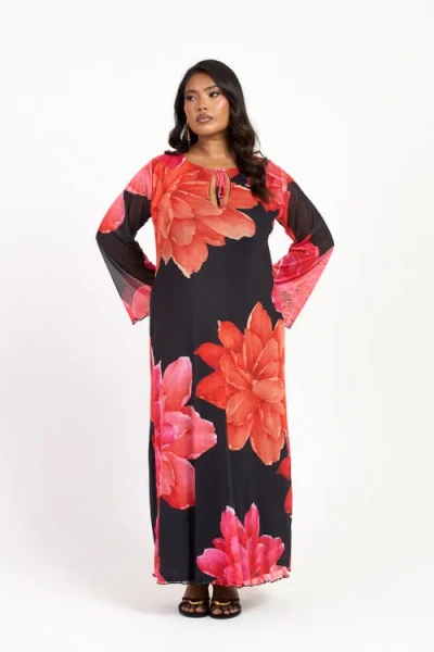 Fashion-szn Curve Plus Size Long Sleeve Floral Maxi Dress In Black
