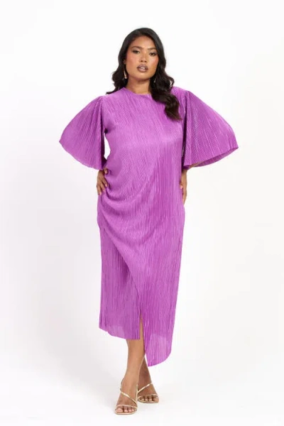 Fashion-szn Curve Ruched Side Flutter Sleeve Midi Dress In Purple