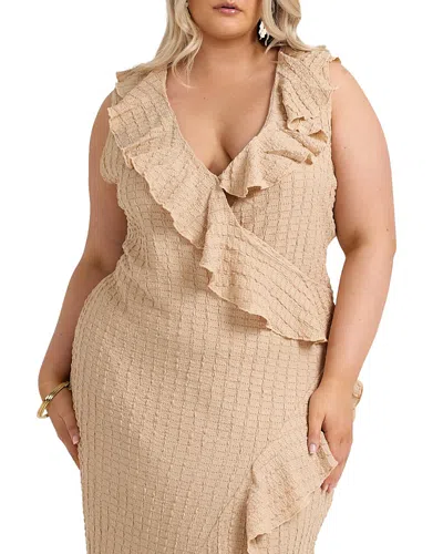 Fashion-szn Curve Ruffle Wrap Sleeveless Midi Dress In Brown