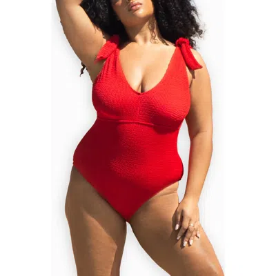 Fashion-szn Curve Sculpted Crinkle Tie Strap Swimsuit In Red
