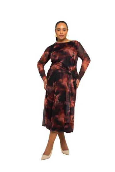 Fashion-szn Curve Tie Dye Print Mesh Midi Dress In Brown