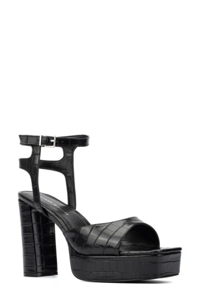 Fashion To Figure Hilari Croc Embossed Platform Heeled Sandal In Black