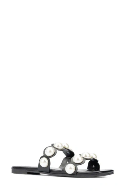 Fashion To Figure Sage Faux Pearl Studded Slide Sandal In Black