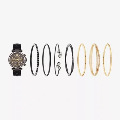 Fashion Watches Womens Crystal Accent Black Leather 8-pc. Watch Boxed Set 1506u-42-d02 In Transparent