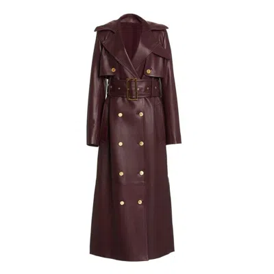 Pre-owned Fashion Women's Burgundy Classic Long Coat 100% Pure Lambskin Leather Formal Wear In Red