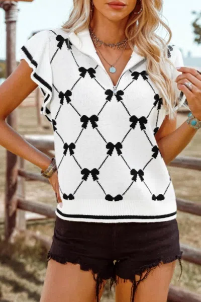 Fashionworks Bow Print Zipped Collar Sweater In White