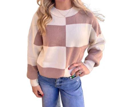 Fashionworks Casey Checkered Side Slits Drop Shoulder Oversized Sweater In Cream/tan In Multi