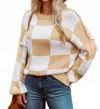 Fashionworks Checkered Bishop Sleeve Sweater In Tan In Multi