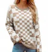 Fashionworks Checkered Round Neck Sweater In Brown In Multi