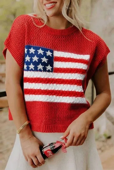 Fashionworks Flag Graphic Short Sleeve Sweater Top In Fiery Red In Multi