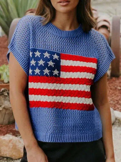 Fashionworks Flag Graphic Short Sleeve Sweater Top In Sky Blue