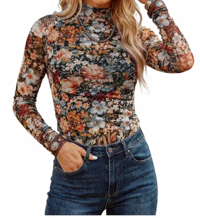 Fashionworks Floral Mesh Long Sleeve Top In Brown In Multi