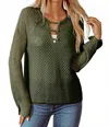 Fashionworks Open Knit Buttoned Neck Split Sleeve Sweater In Green In Green