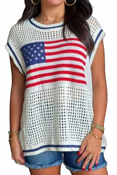 Fashionworks Usa Flag Eyelet Knitted Sweater Top In White In Multi