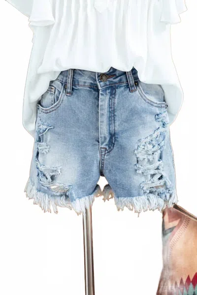 Fashionworks Western Distressed Ripped Raw Hem High Waist Denim Shorts In Light Denim In Blue