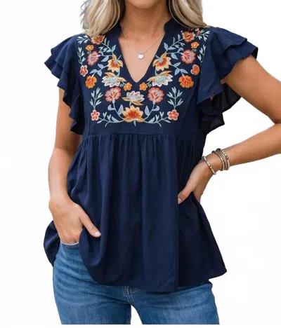 Fashionworks Women's Summer Bohemian V-neck Ruffle Sleeve Floral Embroidered Smock Top In Blue