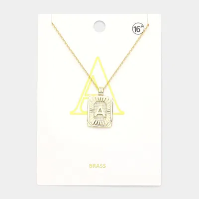 Fashnzfab -a- Brass Metal Rectangle Initial Monogram Pendant Necklace In Gold