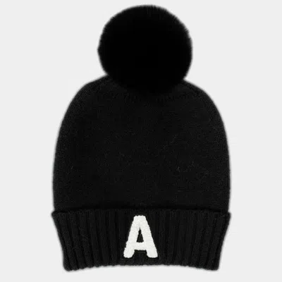Fashnzfab -a- Initial Monogram Faux Fur Pom Pom Knit Beanie Hat In Black