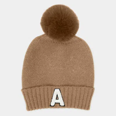 Fashnzfab -a- Initial Monogram Faux Fur Pom Pom Knit Beanie Hat In Brown