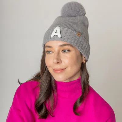 Fashnzfab -a- Initial Monogram Faux Fur Pom Pom Knit Beanie Hat In Gray