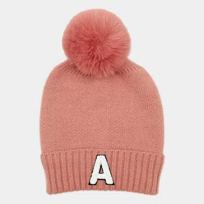 Fashnzfab -a- Initial Monogram Faux Fur Pom Pom Knit Beanie Hat In Pink