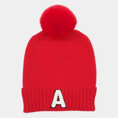 Fashnzfab -a- Initial Monogram Faux Fur Pom Pom Knit Beanie Hat In Red