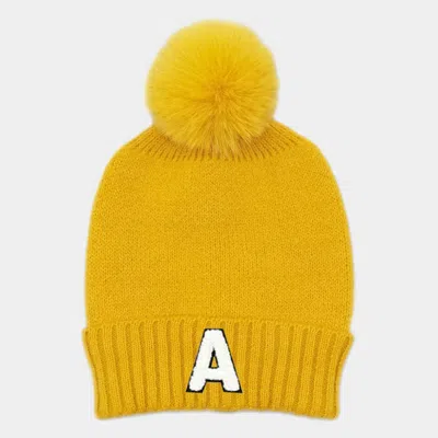 Fashnzfab -a- Initial Monogram Faux Fur Pom Pom Knit Beanie Hat In Yellow