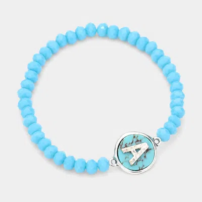 Fashnzfab -a- Initial Monogram Turquoise Charm Faceted Beaded Stretch Bracelet Turquoise In Blue