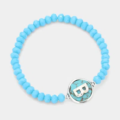 Fashnzfab -b- Initial Monogram Turquoise Charm Faceted Beaded Stretch Bracelet Turquoise In Blue