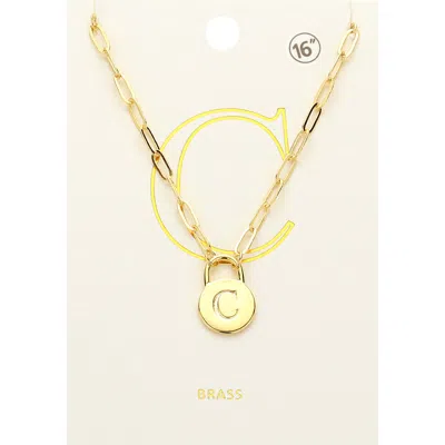 Fashnzfab -c- Brass Metal Initial Monogram Lock Pendant Necklace In Gold