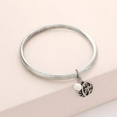 Fashnzfab -c- Initial Initial Monogram Pearl Charm Bangle Bracelet Silver Burnished In Multi