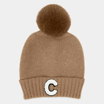 Fashnzfab -c- Initial Monogram Faux Fur Pom Pom Knit Beanie Hat In Brown