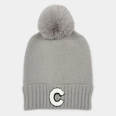 Fashnzfab -c- Initial Monogram Faux Fur Pom Pom Knit Beanie Hat In Gray
