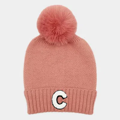Fashnzfab -c- Initial Monogram Faux Fur Pom Pom Knit Beanie Hat In Pink