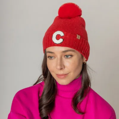 Fashnzfab -c- Initial Monogram Faux Fur Pom Pom Knit Beanie Hat In Red