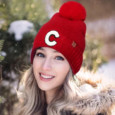 Fashnzfab -c- Initial Monogram Faux Fur Pom Pom Knit Beanie Hat In White