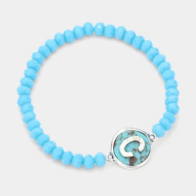Fashnzfab -c- Initial Monogram Turquoise Charm Faceted Beaded Stretch Bracelet Turquoise In Blue